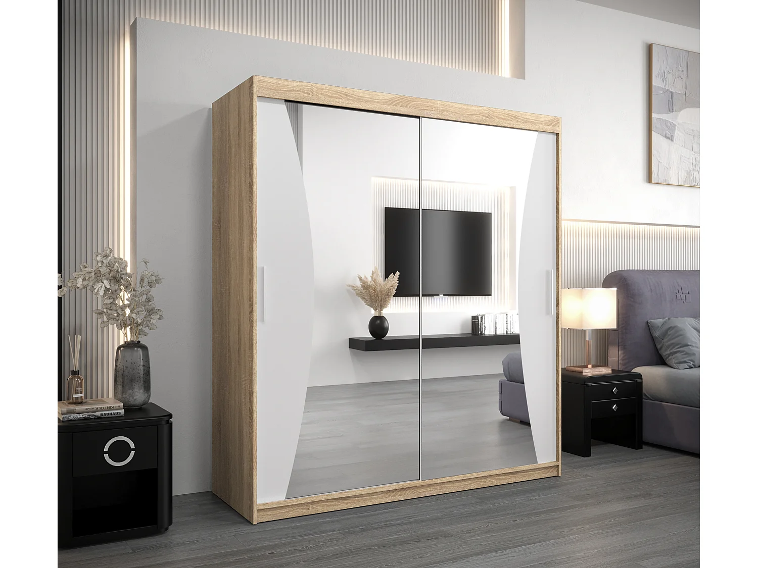 ARMOIRE MONACO À PORTES COULISSANTES 200/180/62 2 Portes (Sonoma/Blanc)