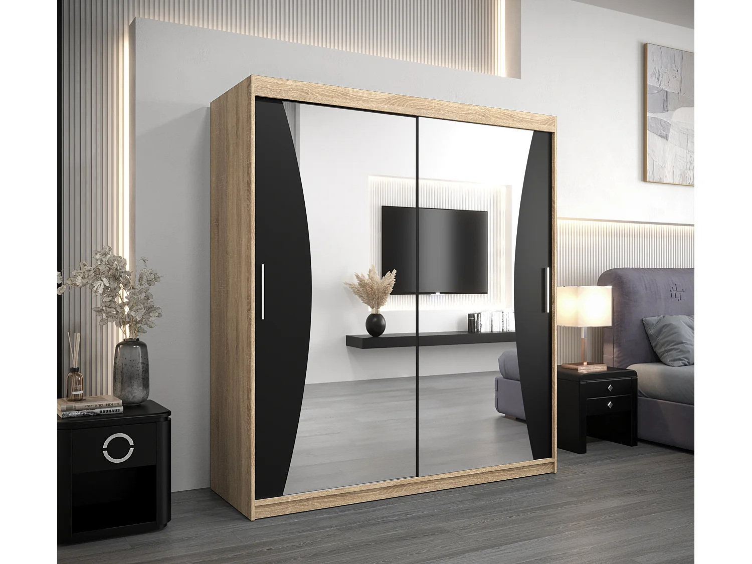 ARMOIRE MONACO À PORTES COULISSANTES 200/180/62 2 Portes (Sonoma/Noir)