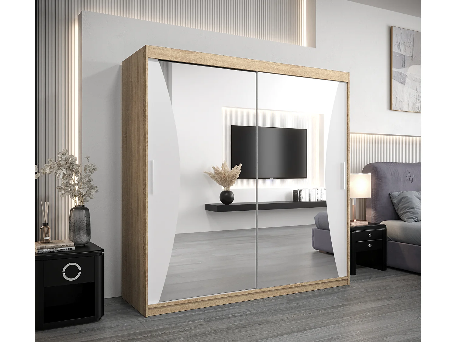 ARMOIRE MONACO À PORTES COULISSANTES 200/200/62 2 Portes (Sonoma/Blanc)