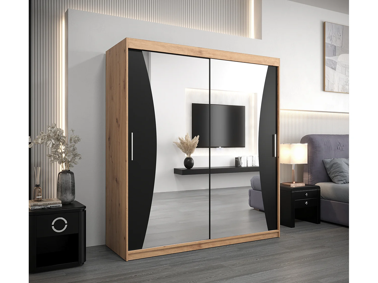 MONACO KLEDINGKAST MET SCHUIFDEUREN 200/180/62 2 deuren (artisan/zwart)