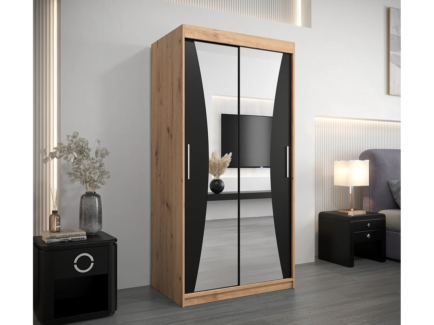 ARMOIRE MONACO À PORTES COULISSANTES 200/100/62 2 Portes (Artisan/Noir)