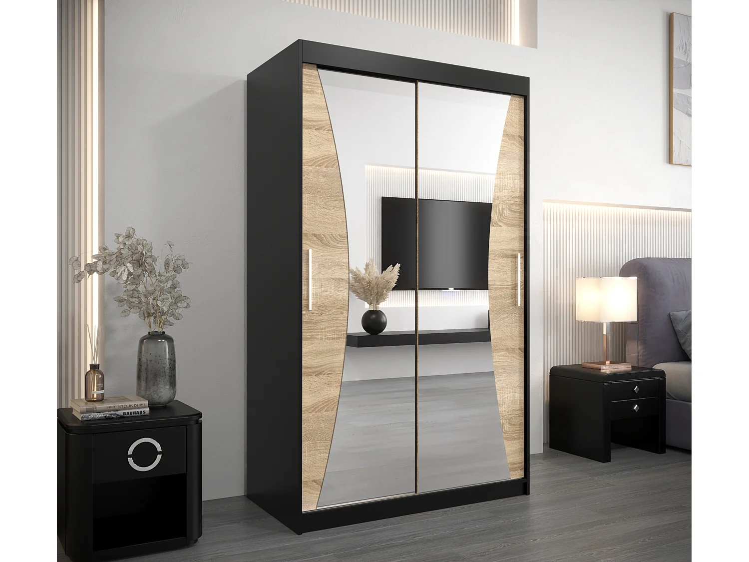 MONACO KLEDINGKAST MET SCHUIFDEUREN 200/120/62 2 deuren (zwart/sonoma)