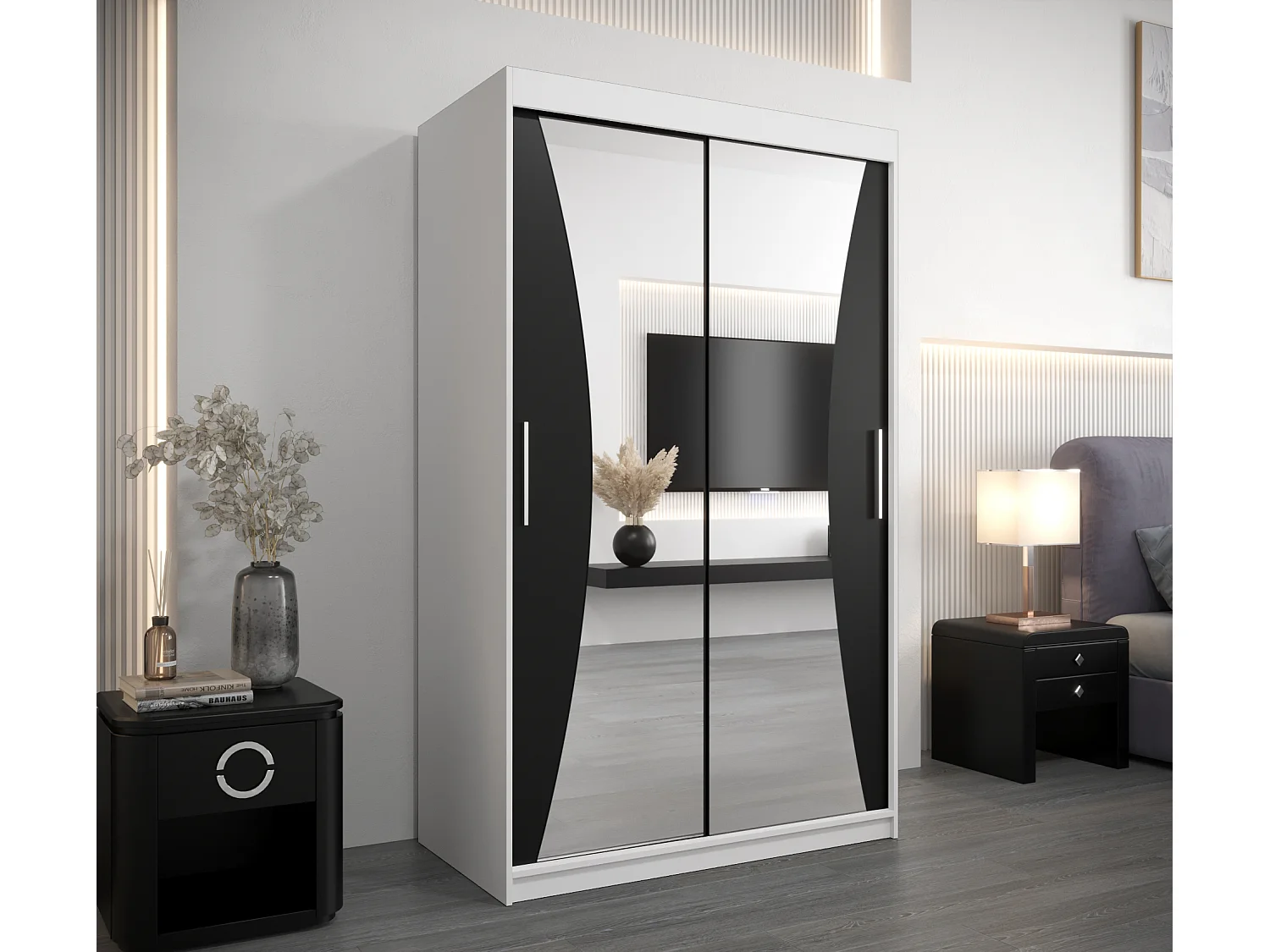 SCHWEBETÜRENSCHRANK MONACO 200/120/62 2-türig (Weiß/Schwarz)