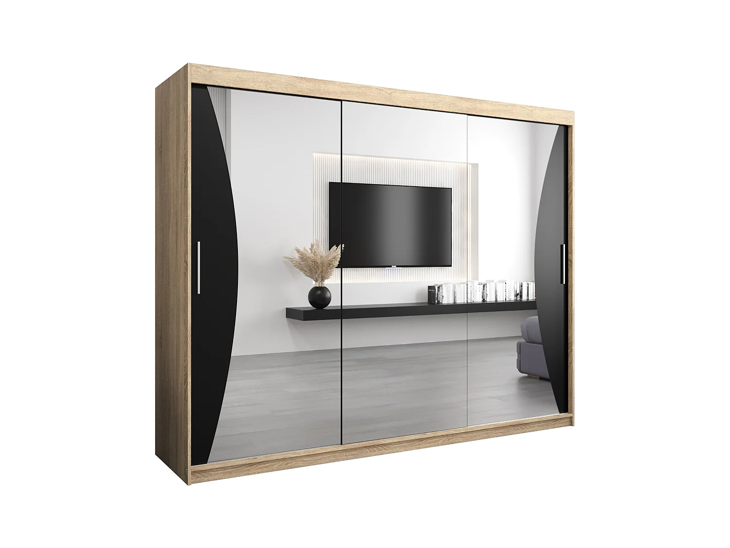 SCHWEBETÜRENSCHRANK MONACO 200/250/62 3-türig (Sonoma/Schwarz)