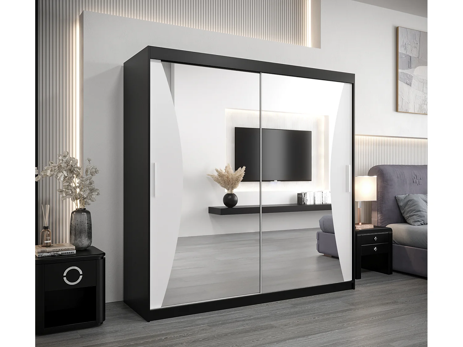 ARMOIRE MONACO À PORTES COULISSANTES 200/200/62 2 Portes (Noir/Blanc)