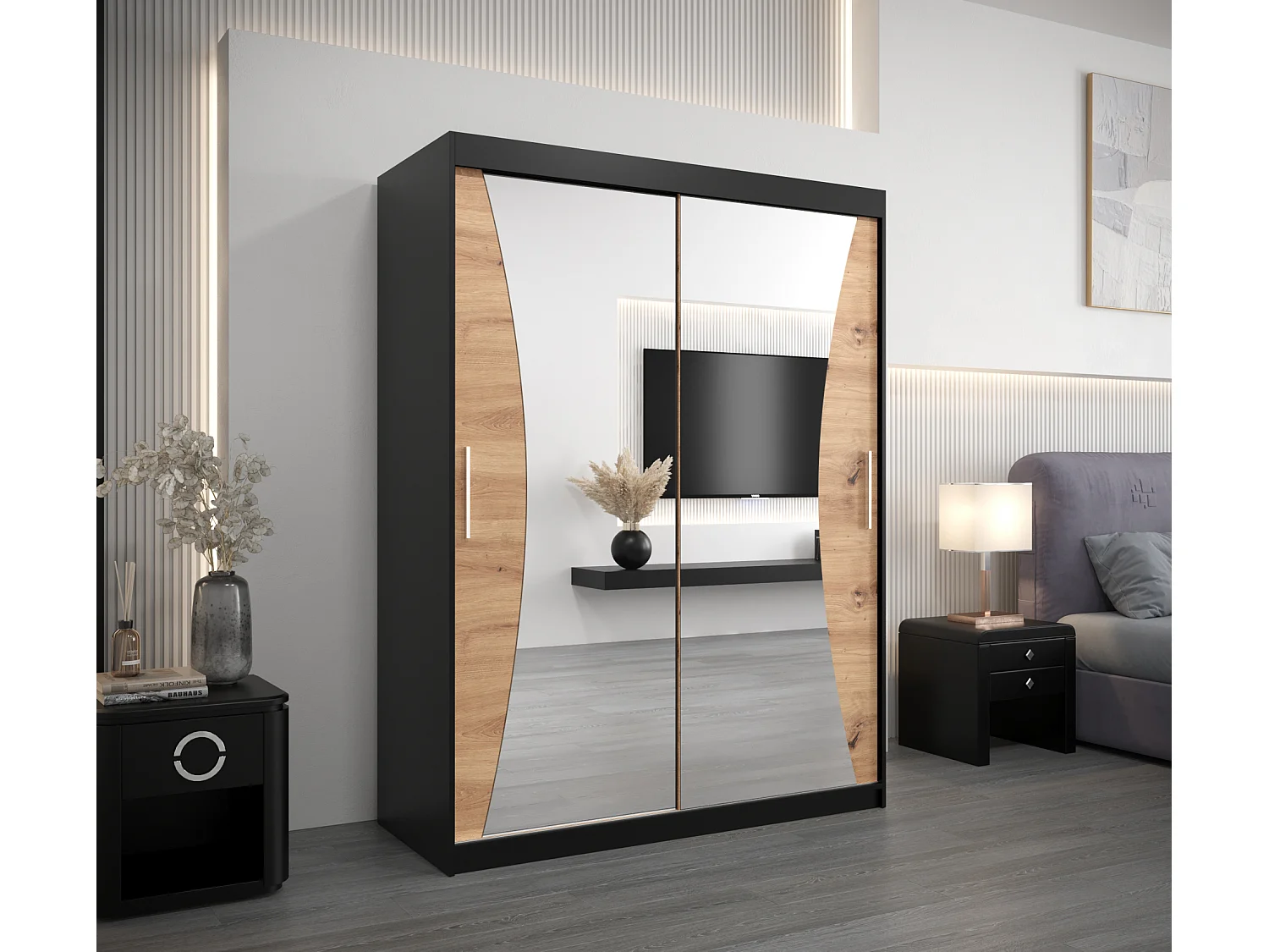 SCHWEBETÜRENSCHRANK MONACO 200/150/62 2-türig (Schwarz/Artisan)