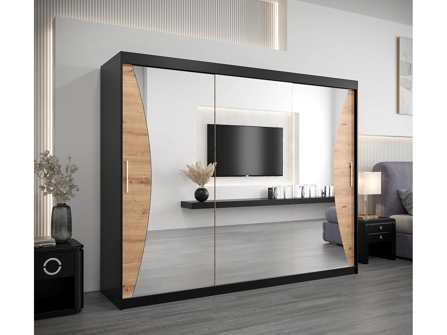 ARMOIRE MONACO À PORTES COULISSANTES 200/250/62 3 Portes (Noir/Artisan)