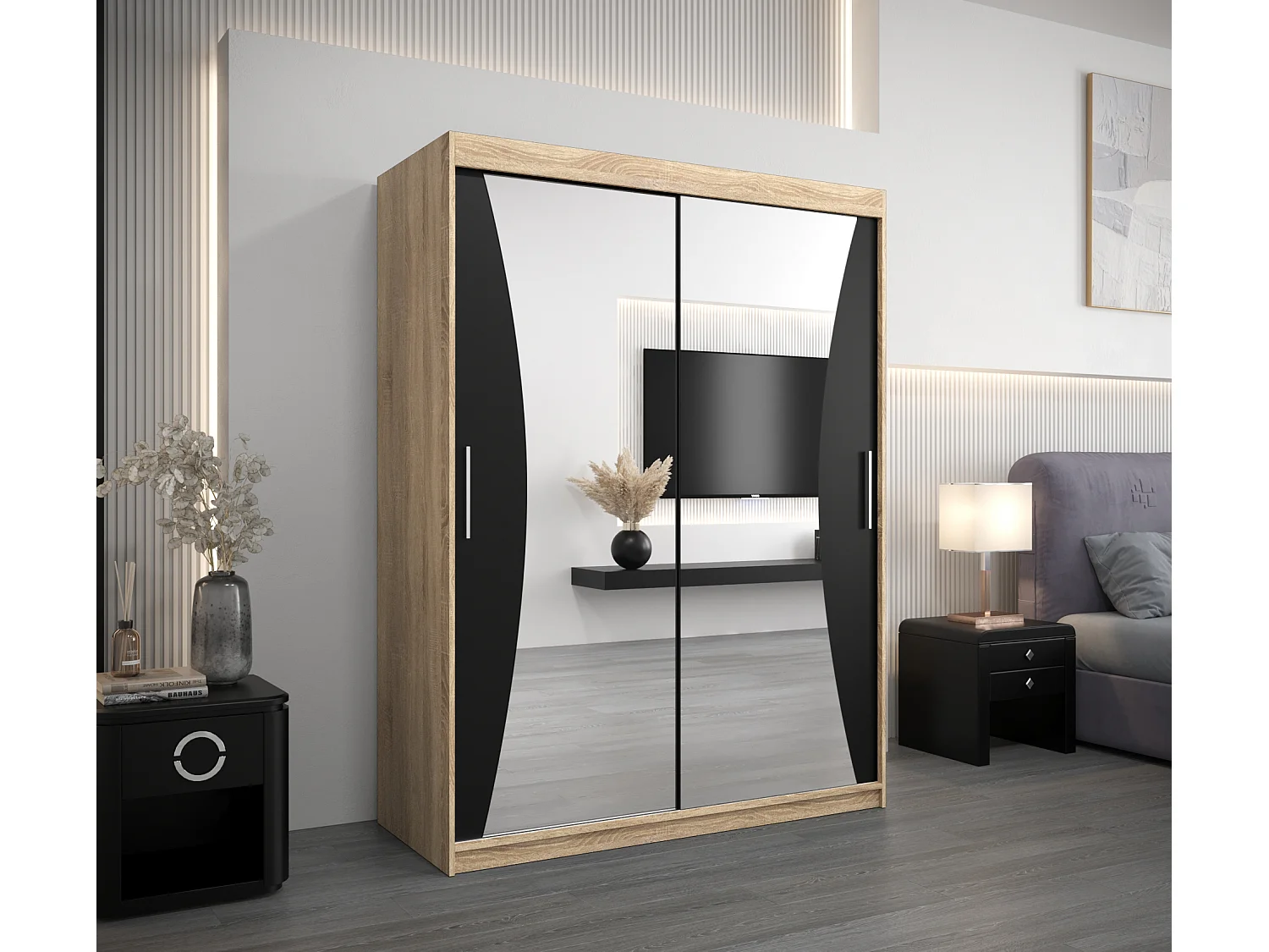 ARMOIRE MONACO À PORTES COULISSANTES 200/150/62 2 Portes (Sonoma/Noir)