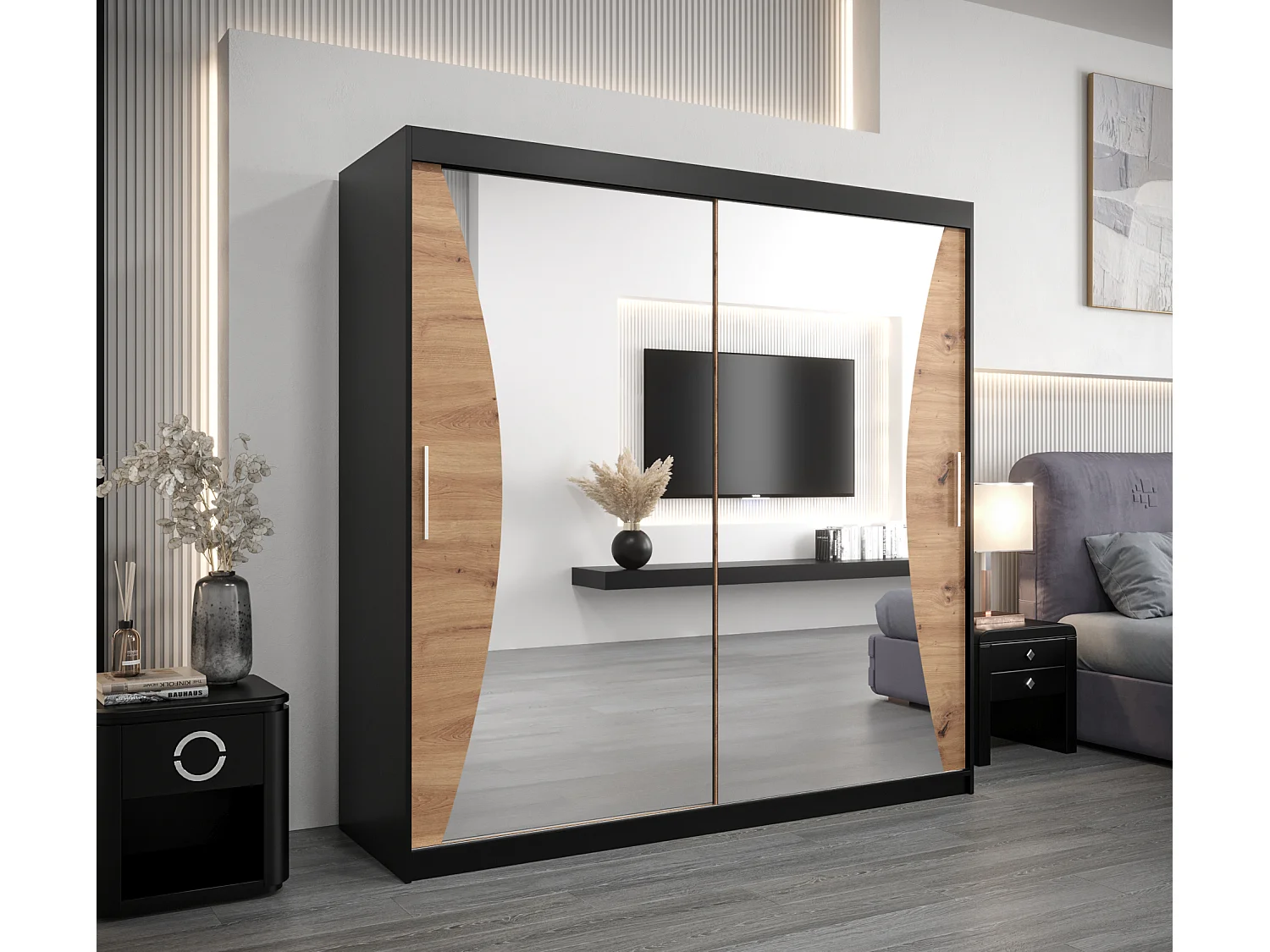 ARMOIRE MONACO À PORTES COULISSANTES 200/200/62 2 Portes (Noir/Artisan)