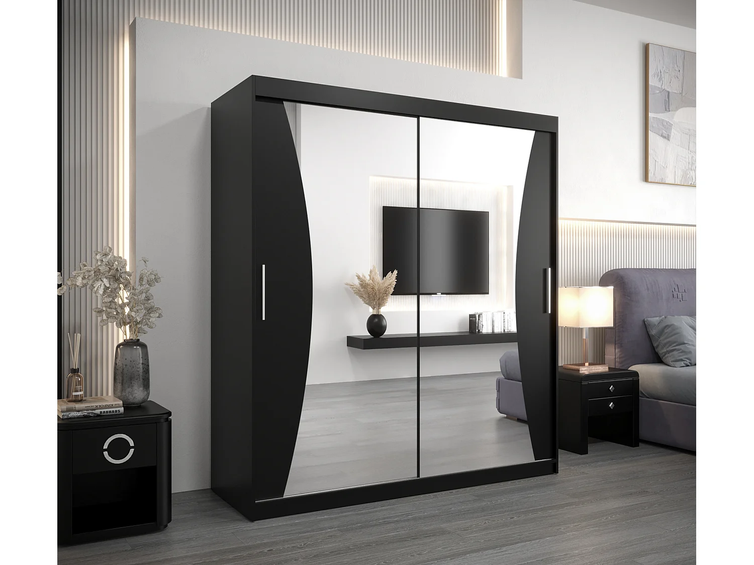 ARMOIRE MONACO À PORTES COULISSANTES 200/180/62 2 Portes (Noir/Noir)