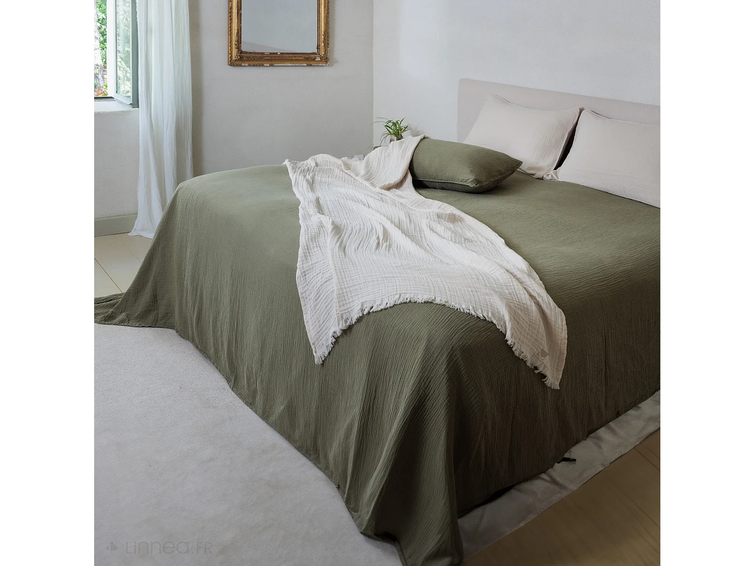 Couvre-lit 260x240 cm coton collection PAROS vert lichen