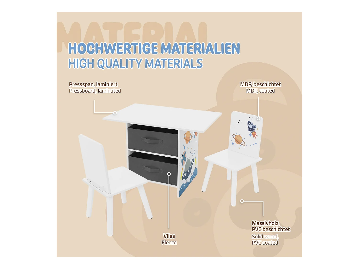 Joyz Tavolino con sedie per bambini in legno con 2 scatole mobili per stanzina