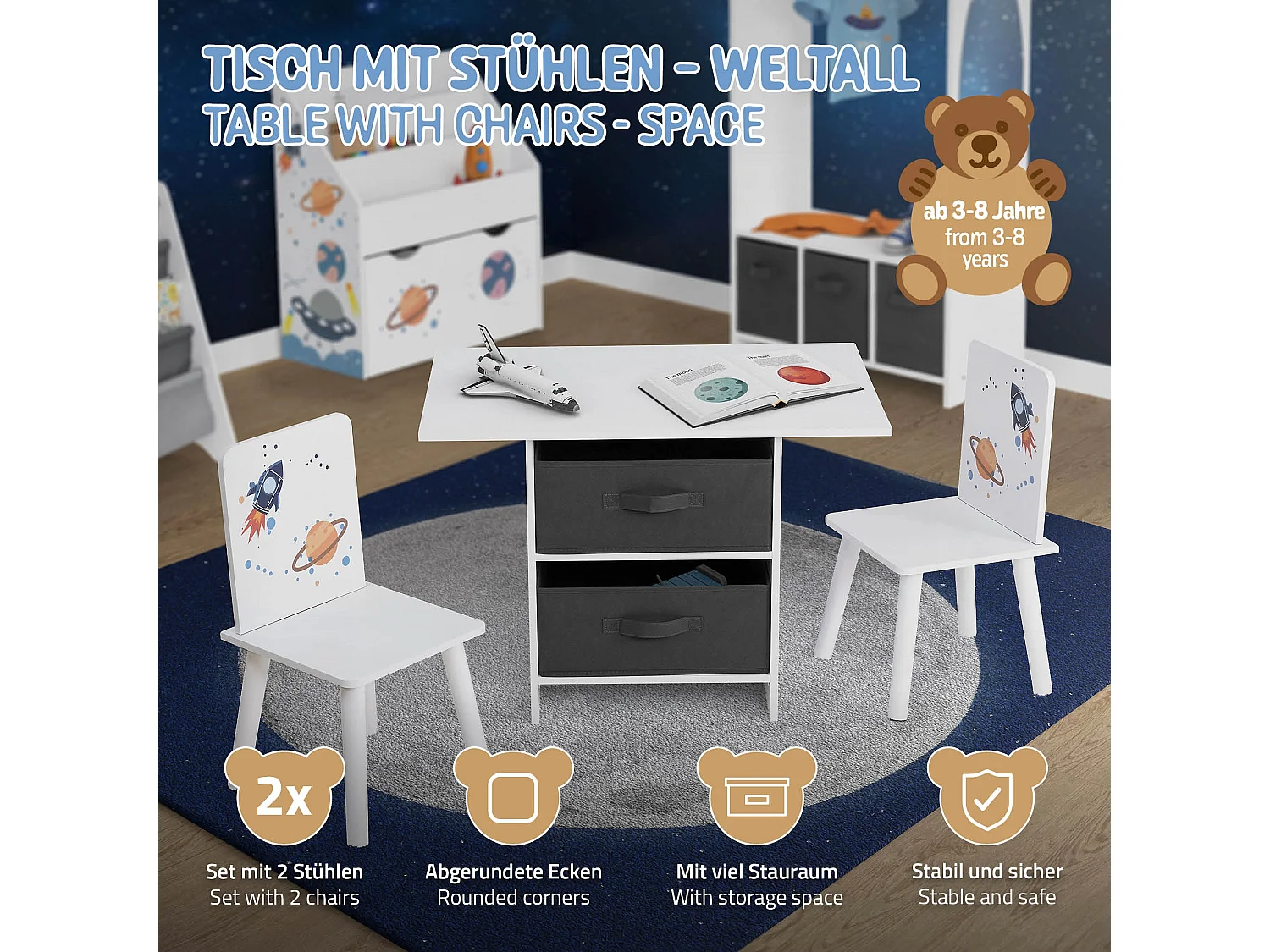 Grupo asientos para niños con mesa y 2 sillas mueble madera con almacenamiento