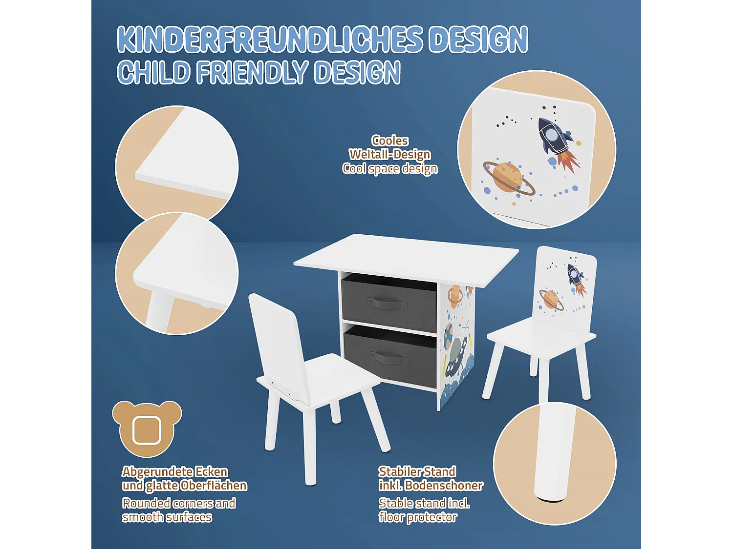 Grupo asientos para niños con mesa y 2 sillas mueble madera con almacenamiento