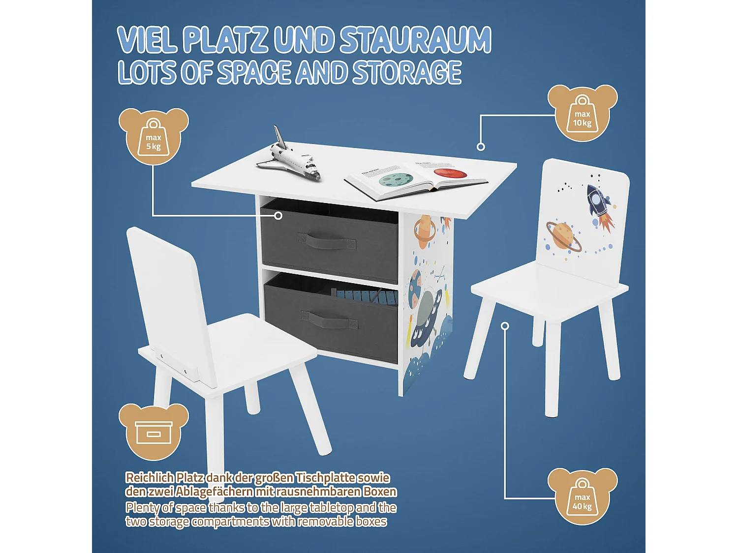 Grupo asientos para niños con mesa y 2 sillas mueble madera con almacenamiento