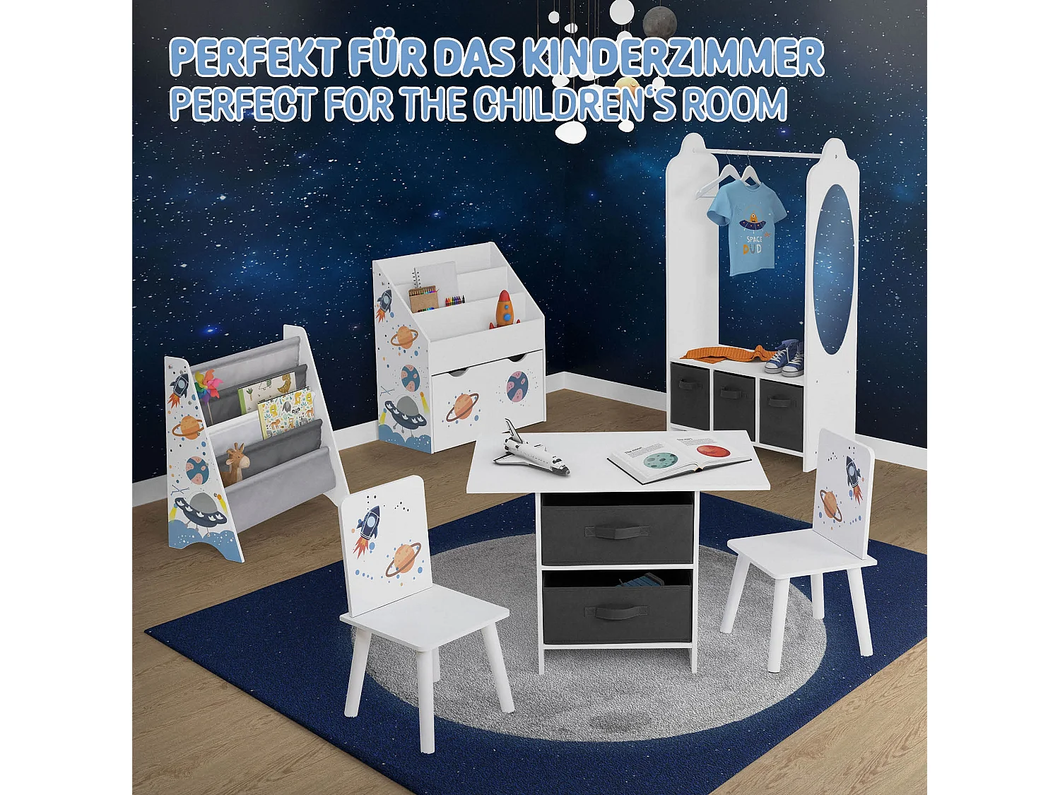 Grupo asientos para niños con mesa y 2 sillas mueble madera con almacenamiento