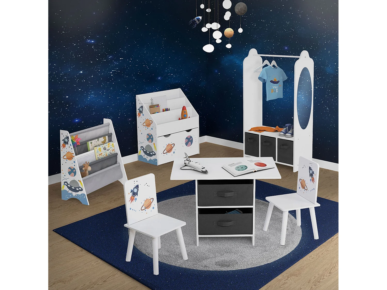 Grupo asientos para niños con mesa y 2 sillas mueble madera con almacenamiento