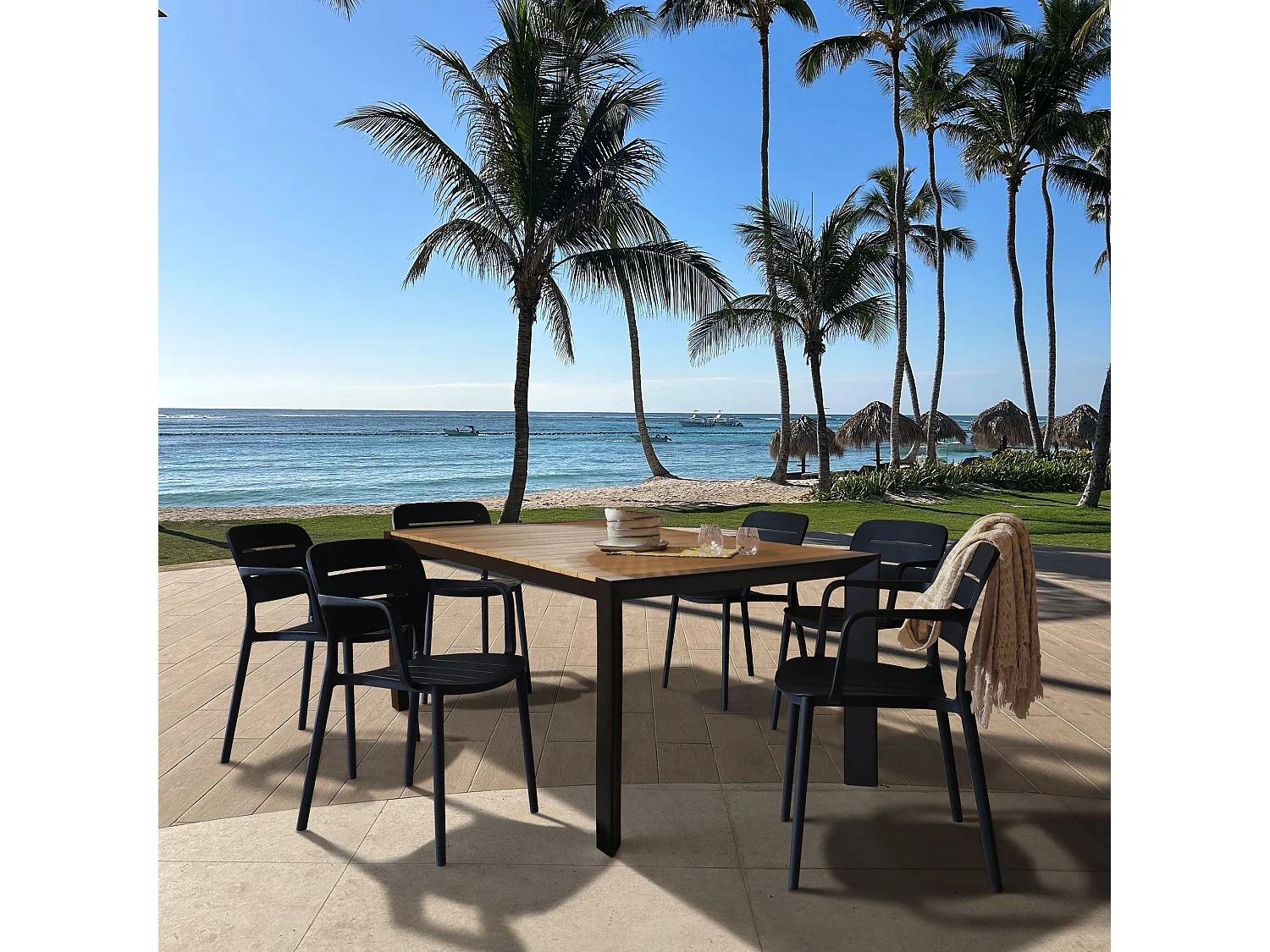 Now's Home - Ensemble De Jardin Table Polywood Noir Et Fauteuil 6 Places