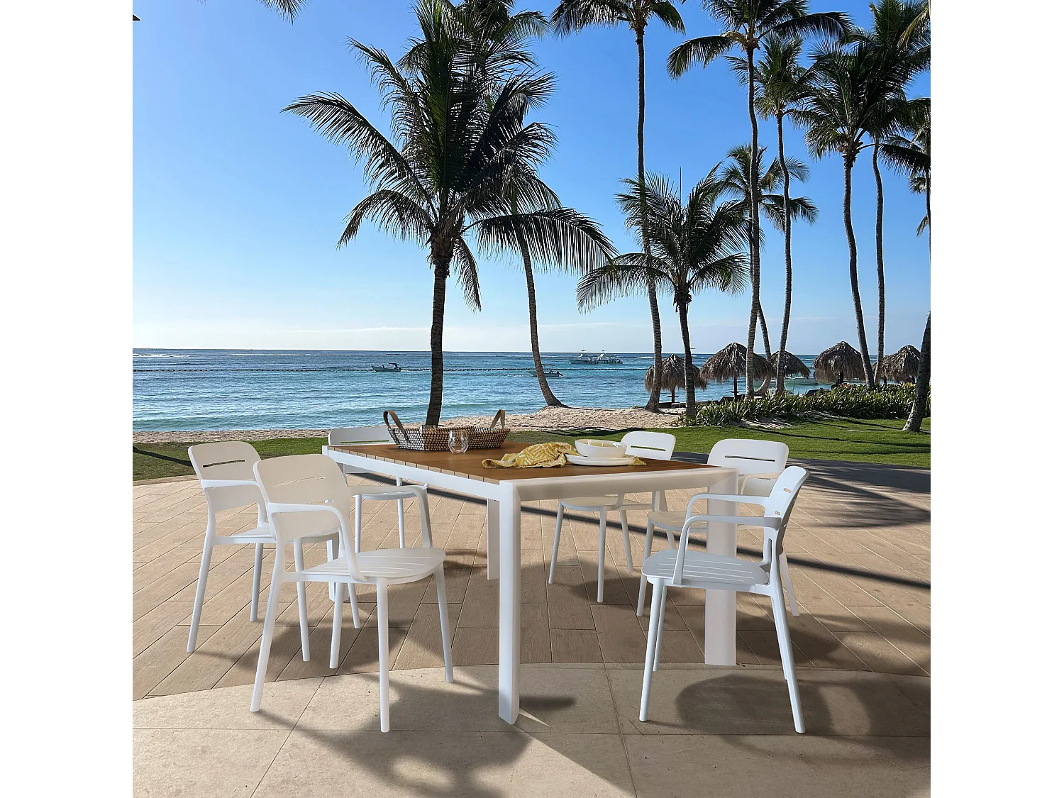 Now's Home - Ensemble De Jardin Table Polywood Blanc Et Fauteuil 6 Places