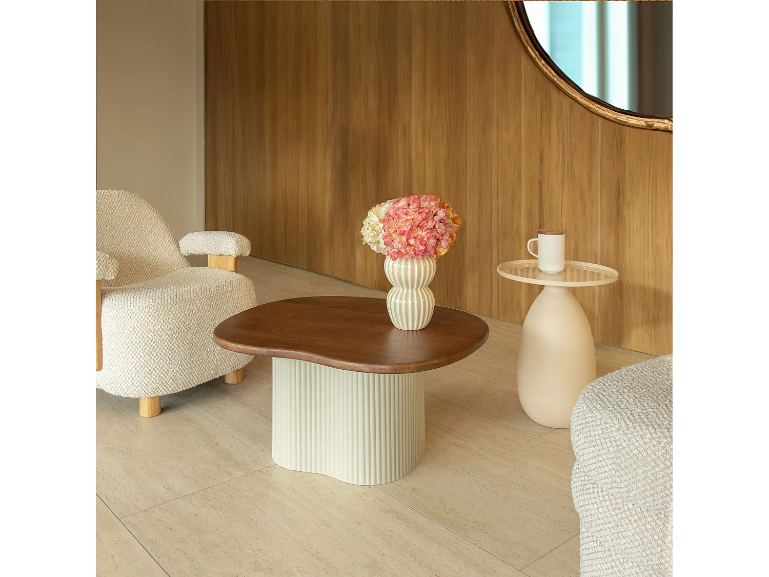 Now's Home - Table D'appoint Plateau En Metal Et Pied En Ceramique Ecru