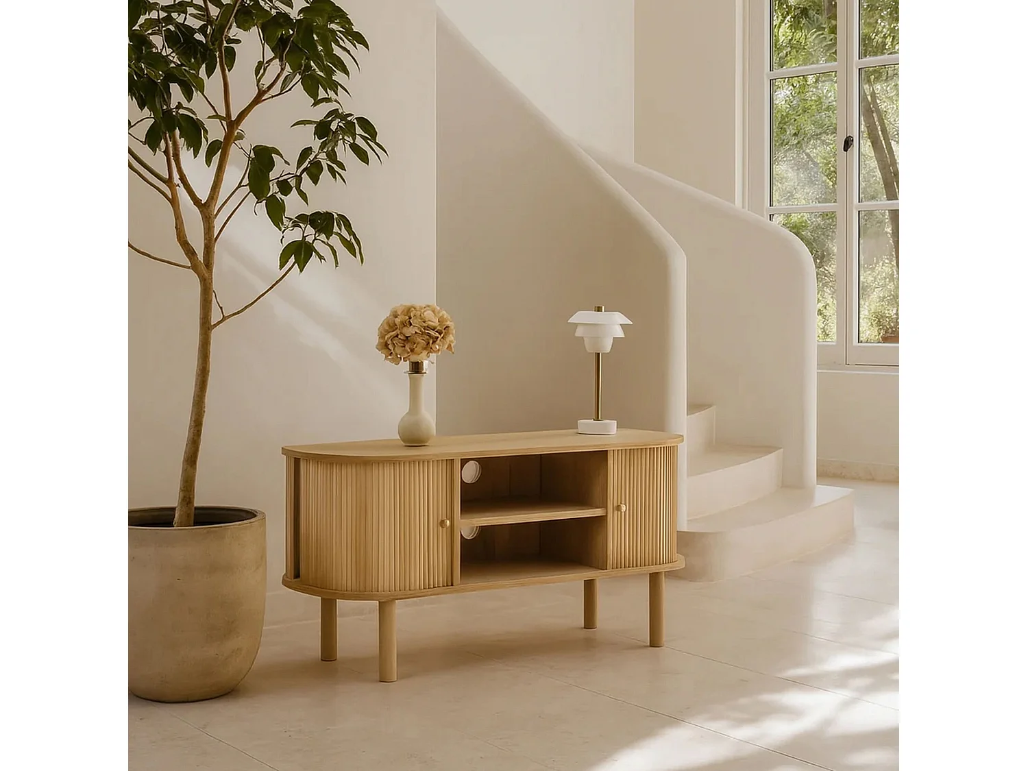 Now's Home - Meuble Tv Bois De Pin Naturel Avec Deux Portes 110x39x55cm Hector