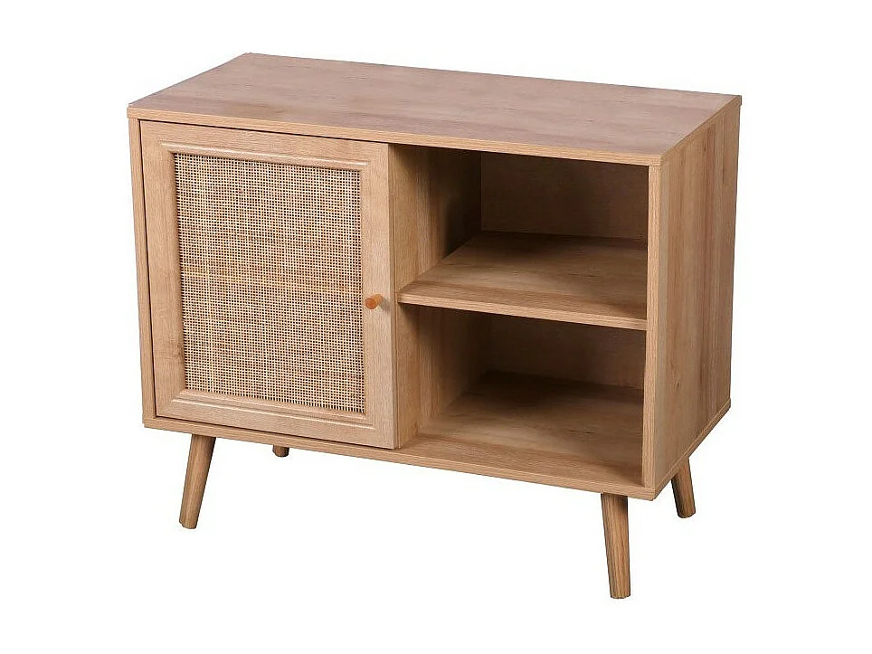 Commode ALTA chêne clair avec porte en rotin – Design scandinave et rangement pratique