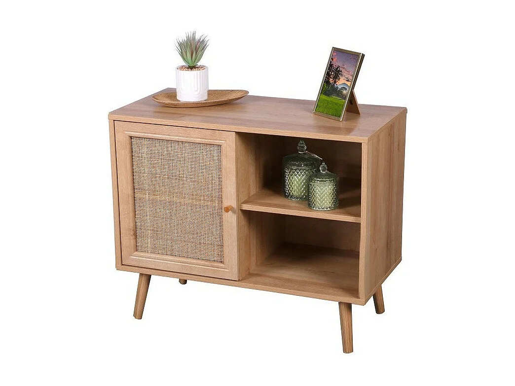 Commode ALTA chêne clair avec porte en rotin – Design scandinave et rangement pratique