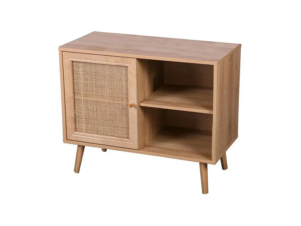 Commode ALTA chêne clair avec porte en rotin – Design scandinave et rangement pratique
