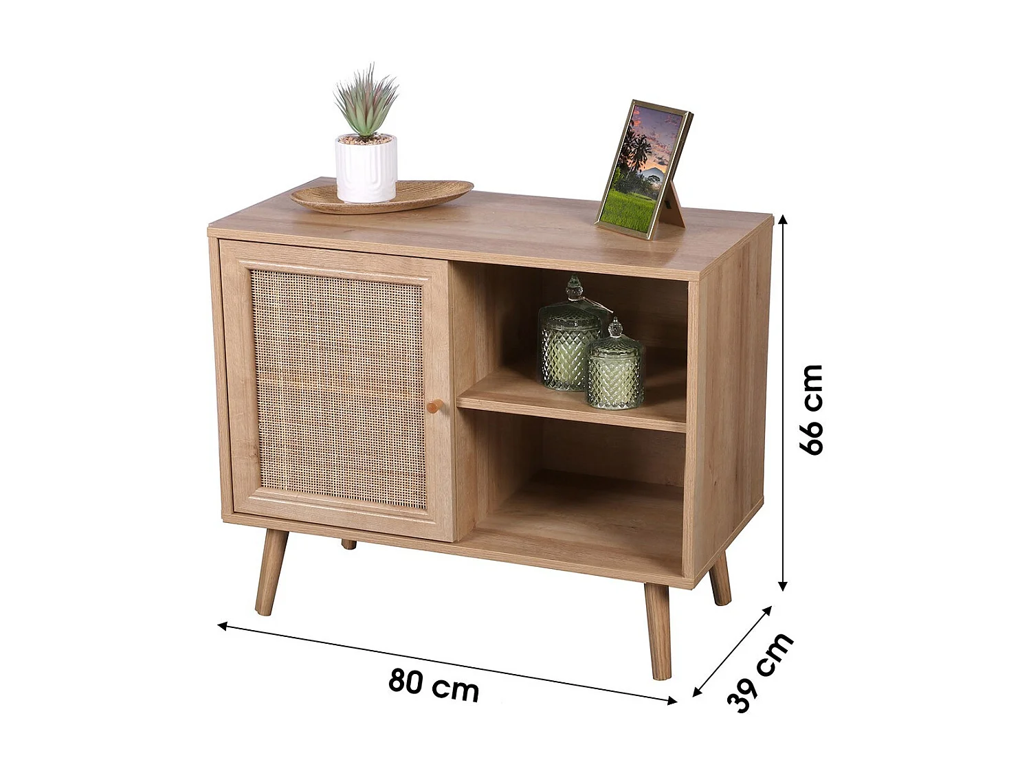 Commode ALTA chêne clair avec porte en rotin – Design scandinave et rangement pratique
