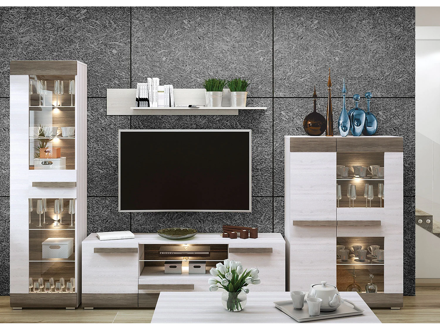 WOHNWAND Blanco Pinie weiß / grau 4-teilig