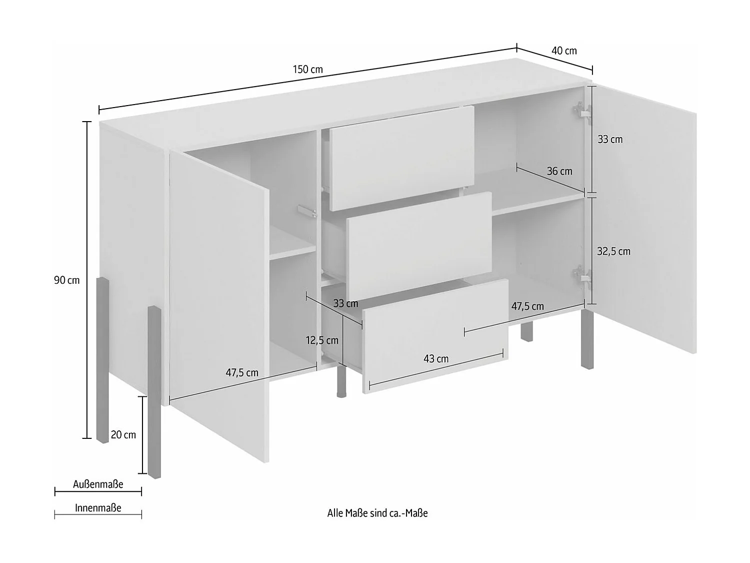 SIDEBOARD Jukon Weiß 150 / 40 / 90 cm