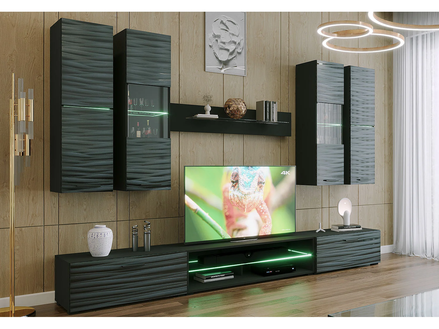 WOHNWAND Parla schwarz matt / Sahara Hochglanz 3D Dekor 8-teilig