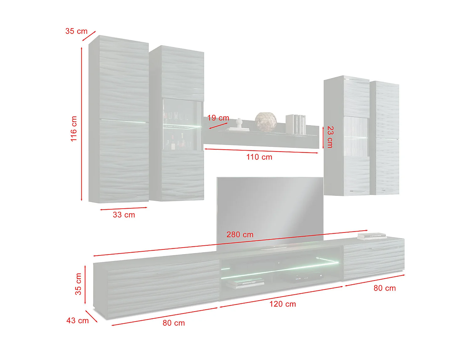 WOHNWAND Parla schwarz matt / Sahara Hochglanz 3D Dekor 8-teilig