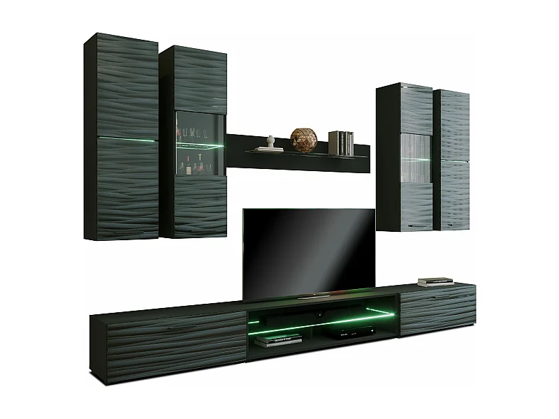 WOHNWAND Parla schwarz matt / Sahara Hochglanz 3D Dekor 8-teilig