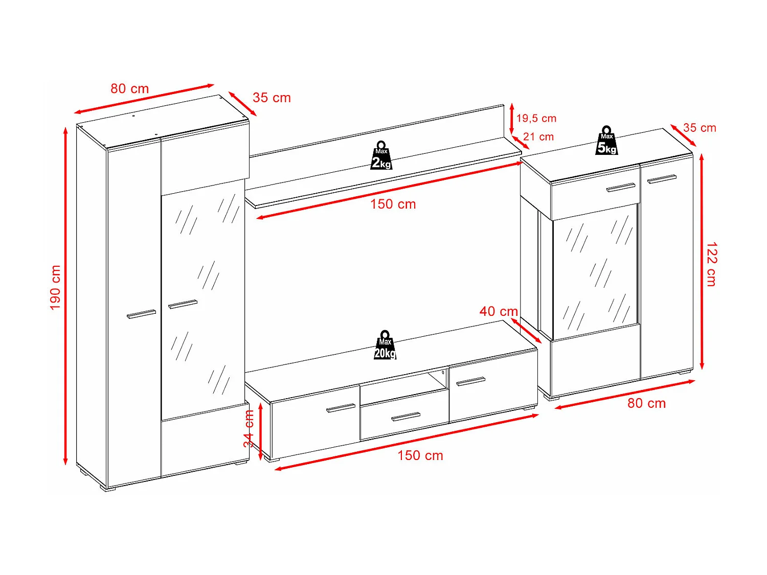 WOHNWAND Rota weiß matt - Norwegische Kiefer / weiß hochglanz 4-teilig