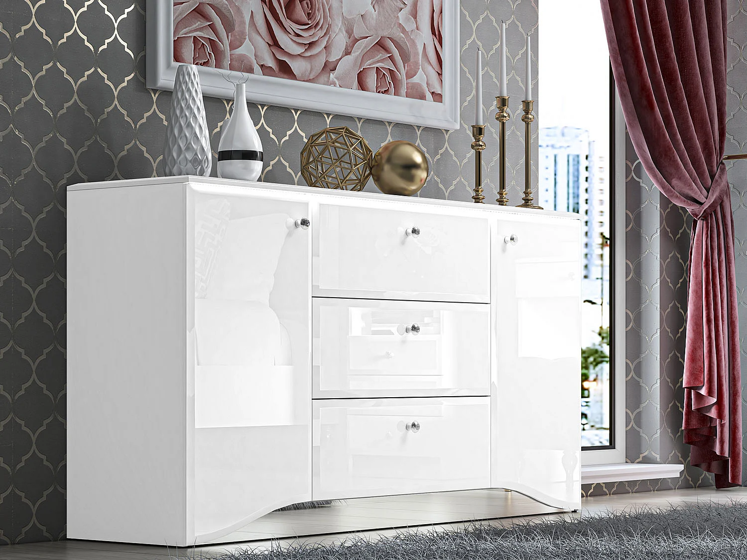 SIDEBOARD Glamour weiß / weiß hochglanz 160 / 41 / 85cm
