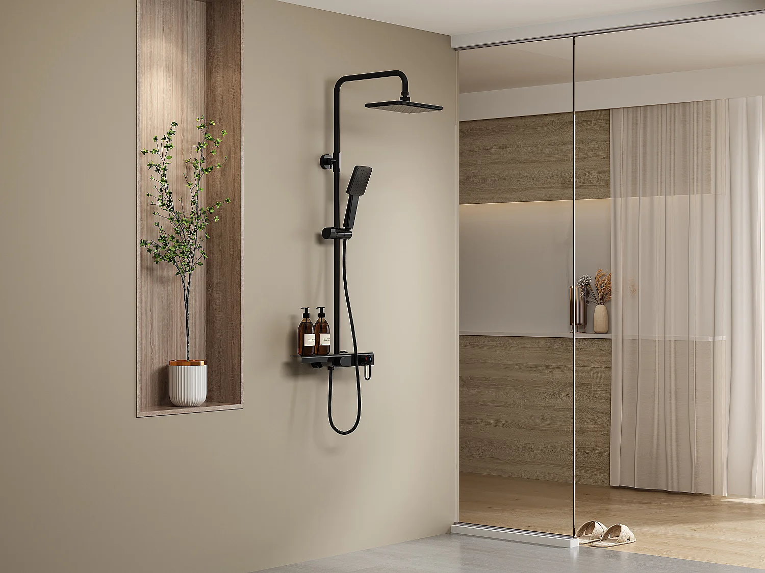 Colonne de douche en acier inoxydable avec tablette - Noir mat - Hauteur réglable - JIZEO