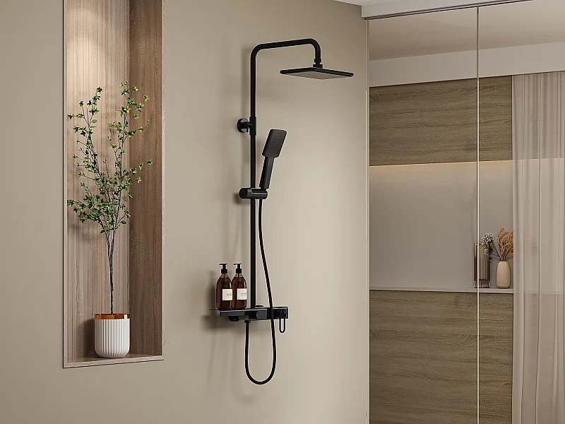 Colonne de douche en acier inoxydable avec tablette - Noir mat - Hauteur réglable - JIZEO