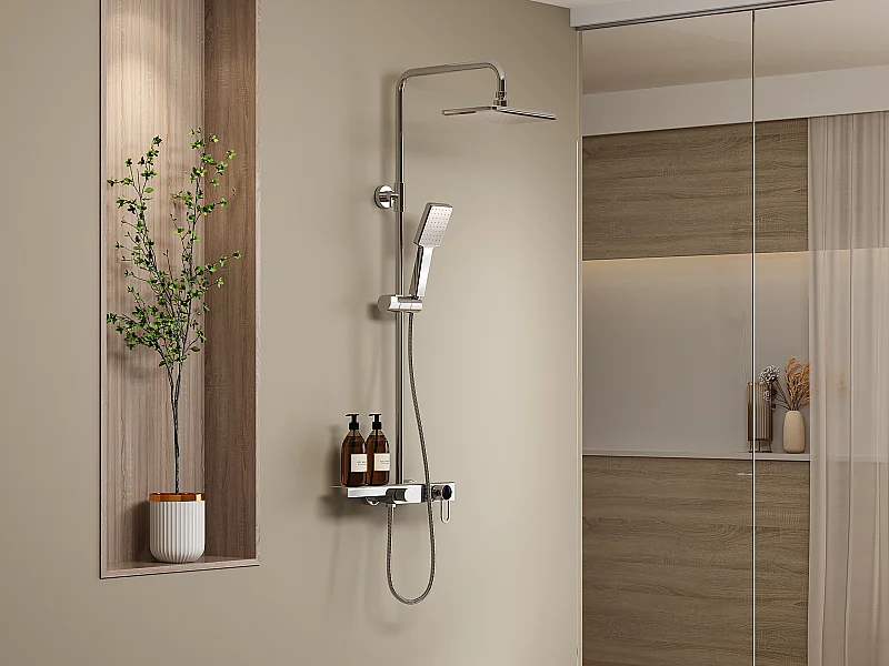 Colonne de douche en acier inoxydable avec tablette - Brush nickel - Hauteur réglable - JIZEO