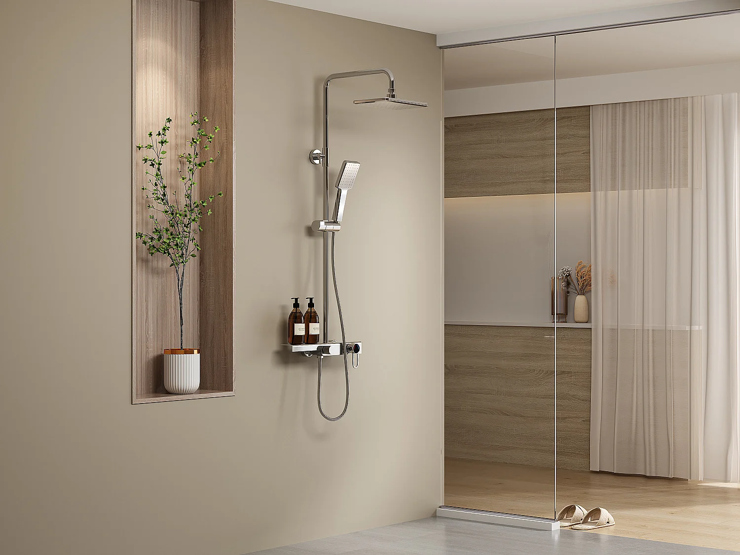 Colonne de douche en acier inoxydable avec tablette - Brush nickel - Hauteur réglable - JIZEO