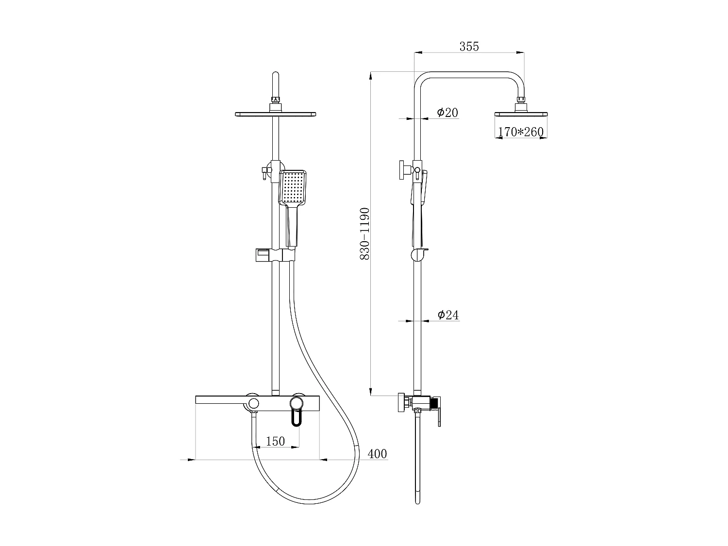 Colonne de douche en acier inoxydable avec tablette - Brush nickel - Hauteur réglable - JIZEO