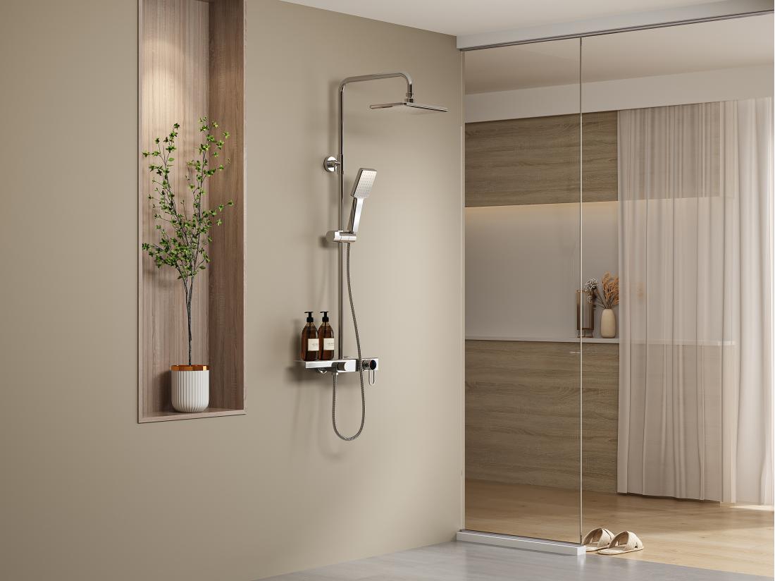 vente unique Colonne de douche en acier inoxydable avec tablette - Brush nickel - Hauteur réglable - JIZEO