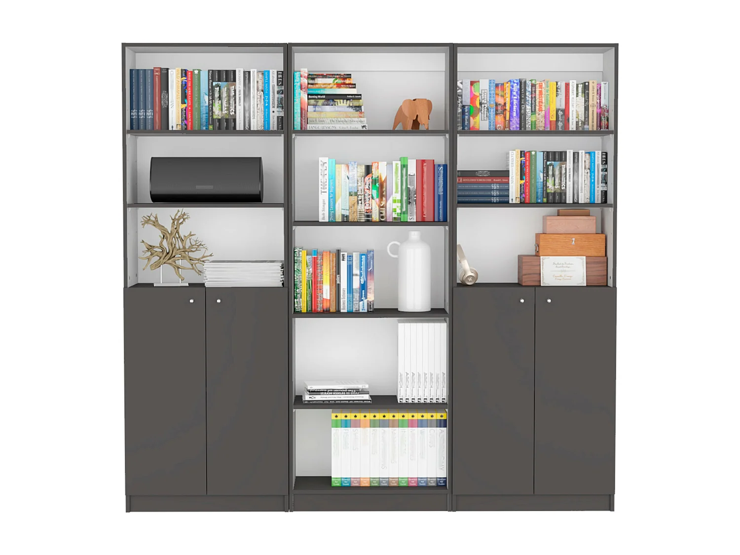 Libreria 3 pezzi per ufficio in melamina con ripiani e 2 ante, 180.6 cm X 188.4 cm X 29.9 cm , Multicolore
