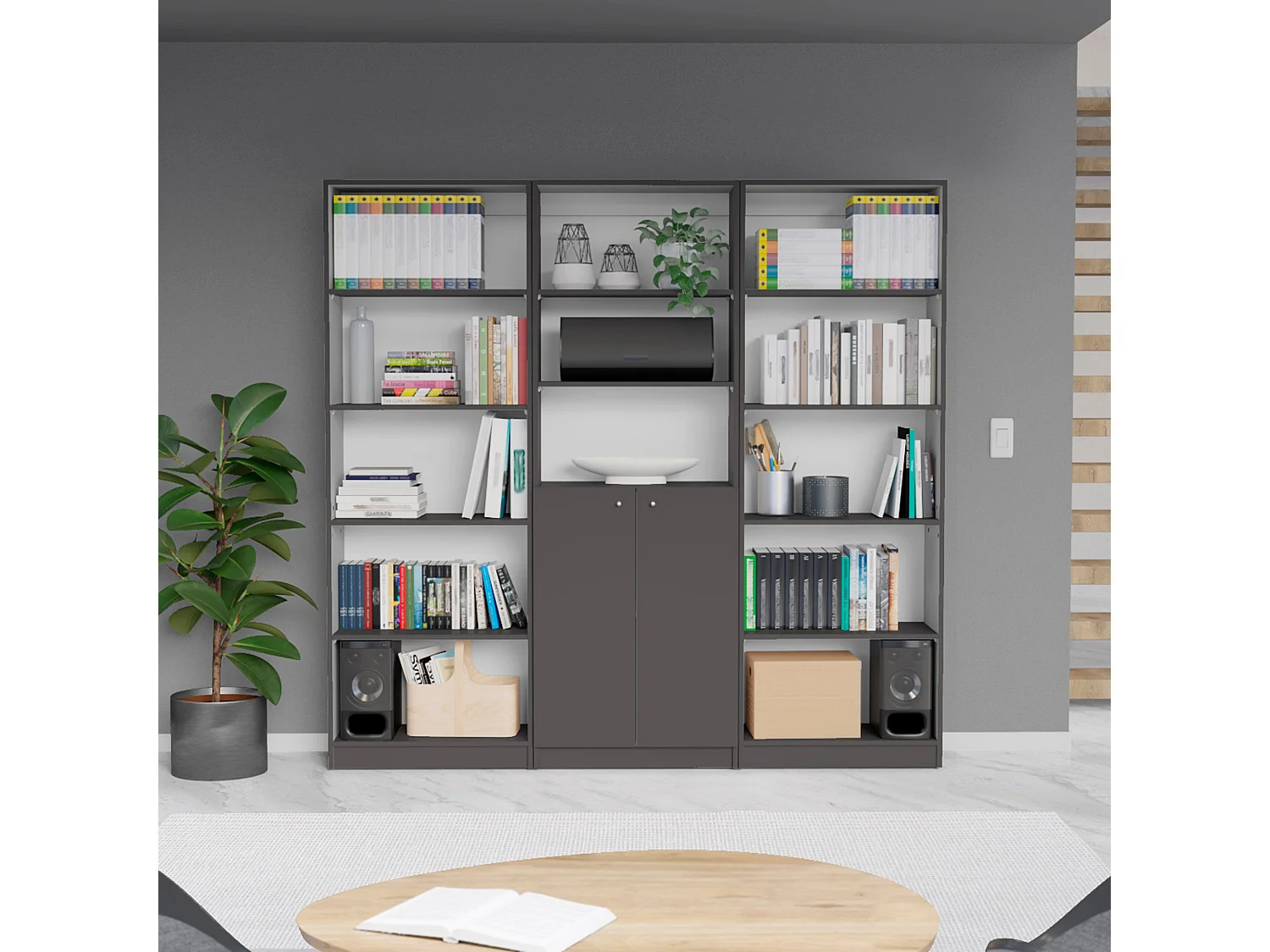 Libreria per ufficio in melamina 3 pezzi con ripiani e 2 ante , 180.6 cm X 188.4 cm X 29.9 cm , Multicolore