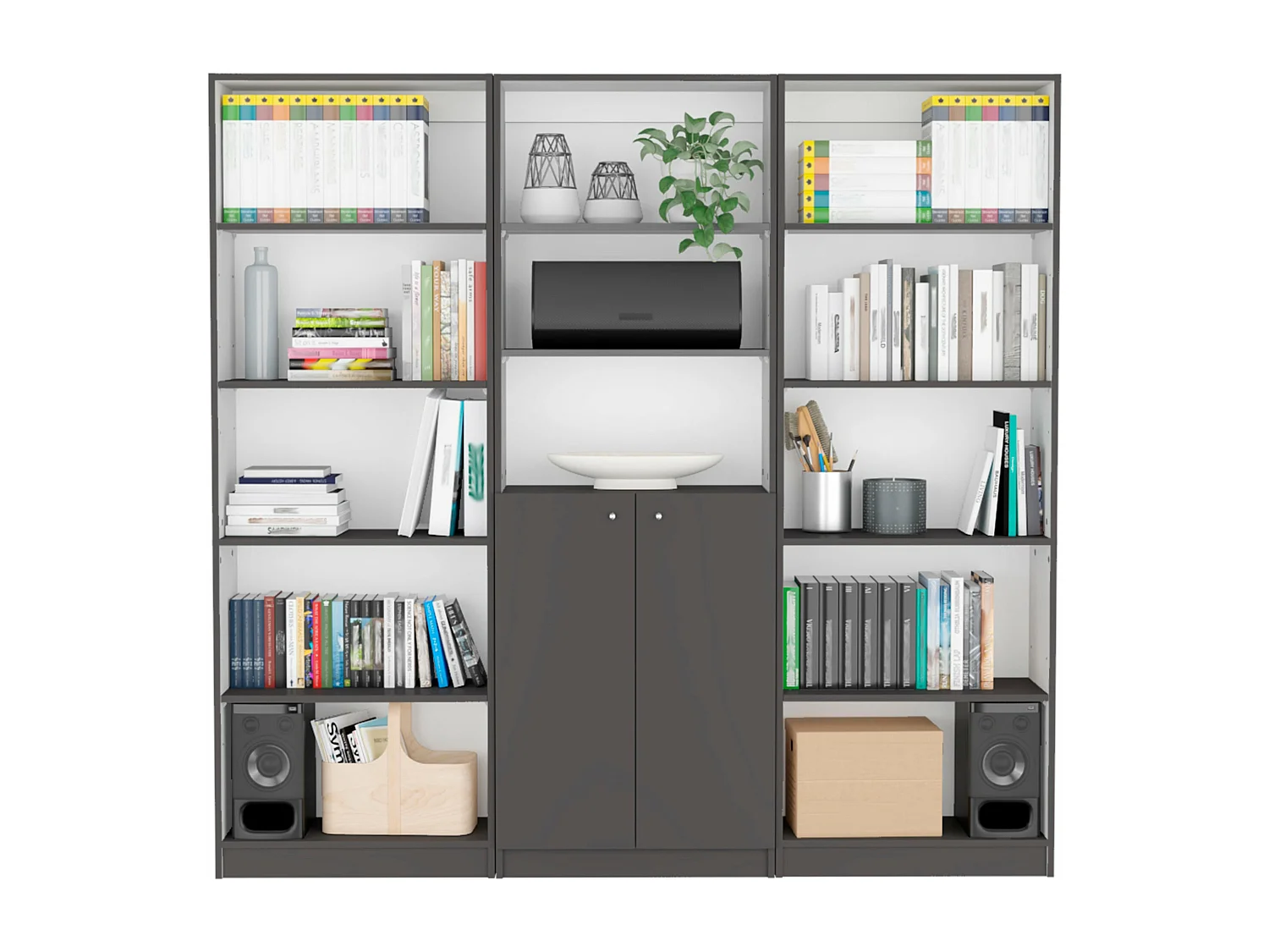 Libreria per ufficio in melamina 3 pezzi con ripiani e 2 ante , 180.6 cm X 188.4 cm X 29.9 cm , Multicolore