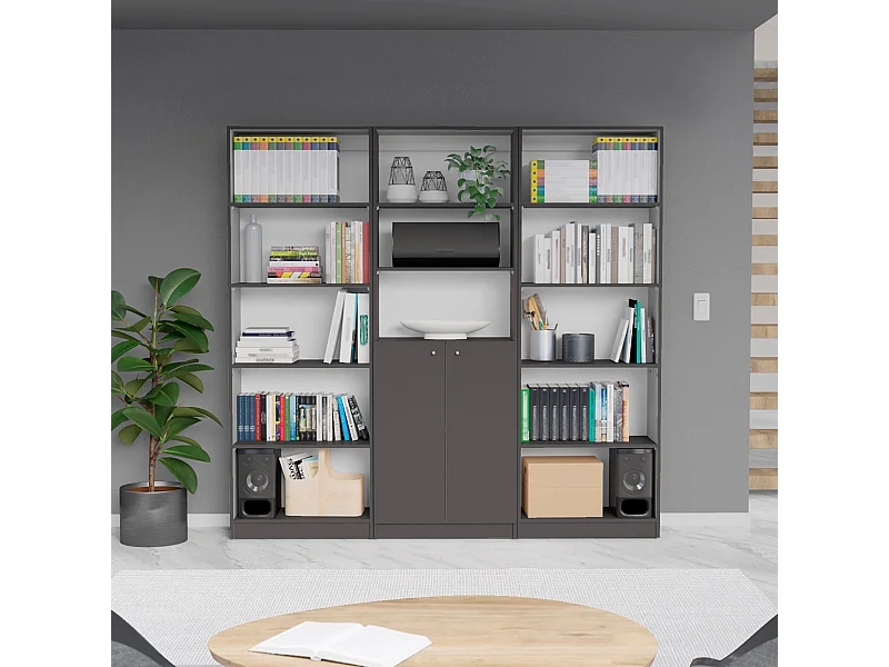 Libreria per ufficio in melamina 3 pezzi con ripiani e 2 ante , 180.6 cm X 188.4 cm X 29.9 cm , Multicolore