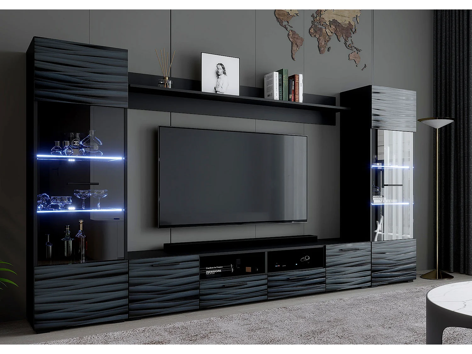 WOHNWAND Soria schwarz matt / Sahara Hochglanz 3D Dekor 4-teilig