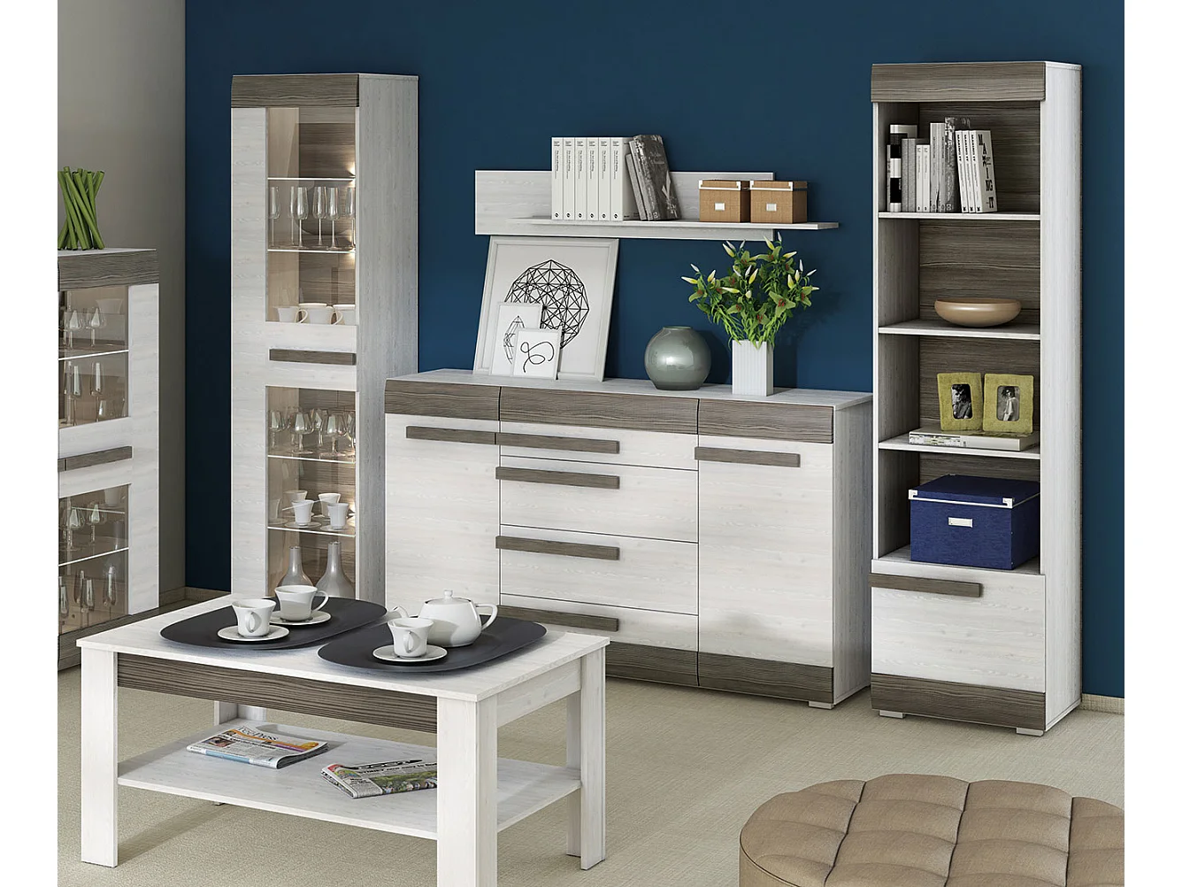 WOHNZIMMER-SET Blanco Pinie weiß / grau 5-teilig