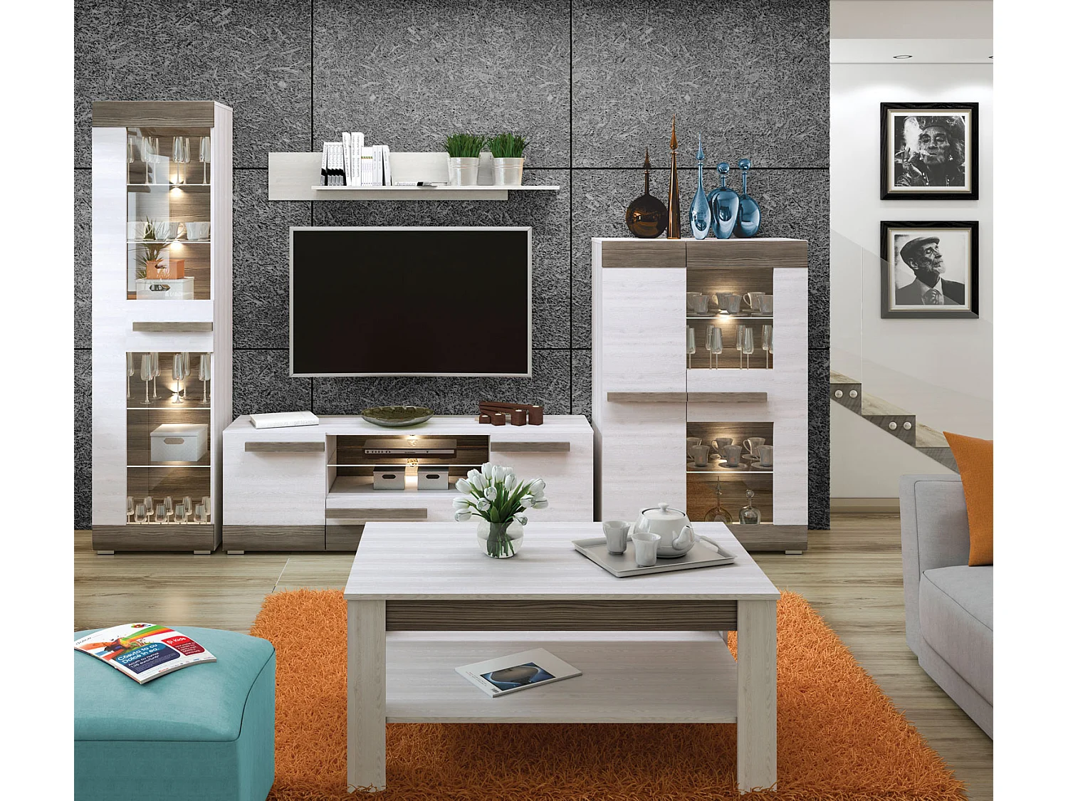 WOHNZIMMER-SET Blanco Pinie weiß / grau 5-teilig