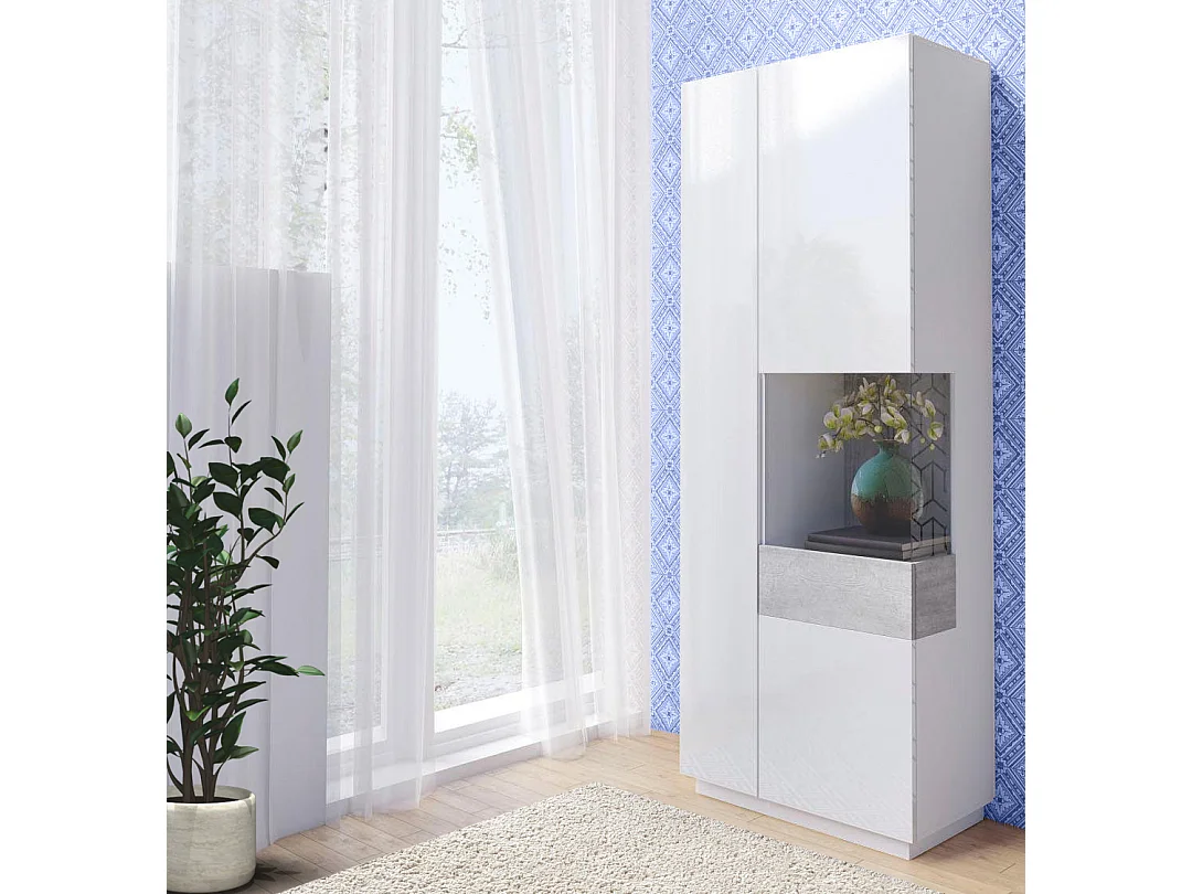 VITRINE Silke Weiß Hochglanz / Beton 80 / 40 / 207cm